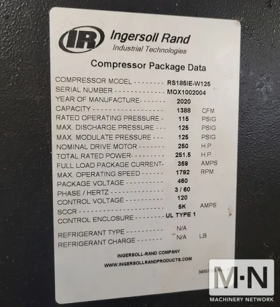 250HP Ingersoll Rand RS185ie-W125 Rotary Screw Air Compressor