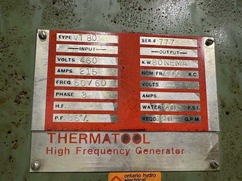 80 KW THERMATOOL MODEL #VT80 HIGH FREQUENCY WELDER: STOCK #21211