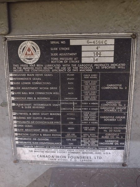 56 TON MINSTER #6 OBI PRESS, 4" STROKE: STOCK #19001