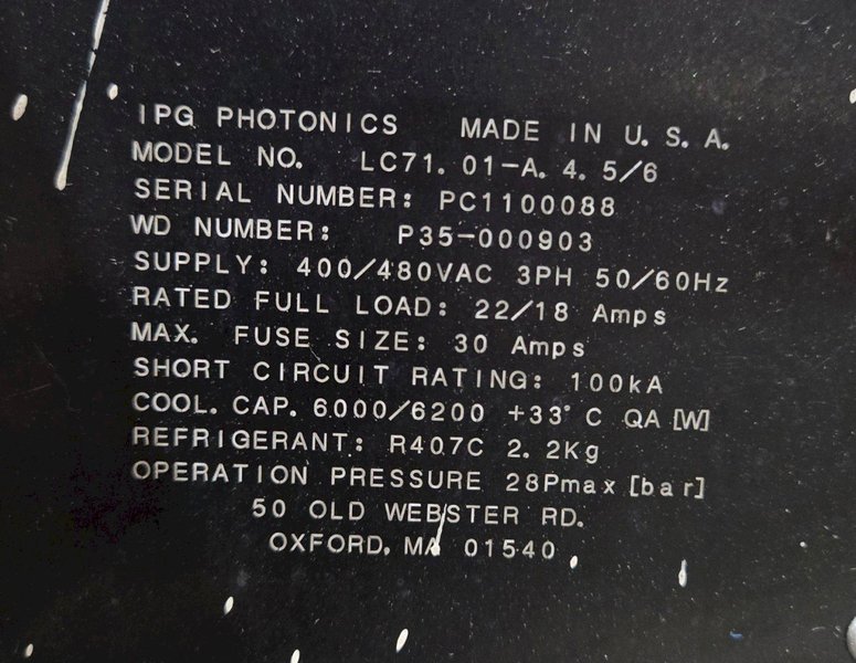 IPG PHOTONICS LC71. 01-A. 4. 5/6 LASER CHILLER, 400/480V, 3PH USED