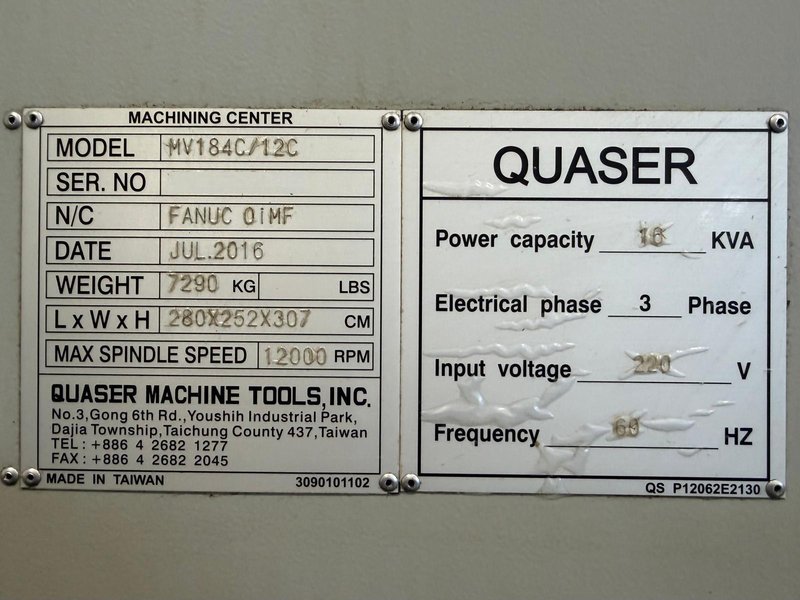 Quaser MV184C/12C CNC Vertical Machining Center – TSC, 12,000 RPM Mill