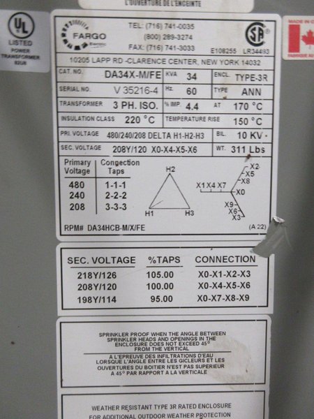 Fargo Electric 3 Phase Step Down Transformer, with MGC Surge Protection- Auction Item