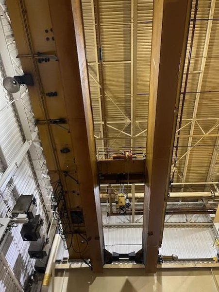 30TON X 97' SHAW BOX DOUBLE GIRDER OVERHEAD BRIDGE CRANE WITH 30TON ROTARY COIL GRAB STOCK #4066