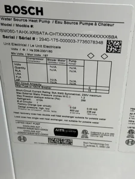 BOSCH WATER SOURCE HEAT PUMP   -  SM060-1AHX-XRSATA-CHTX