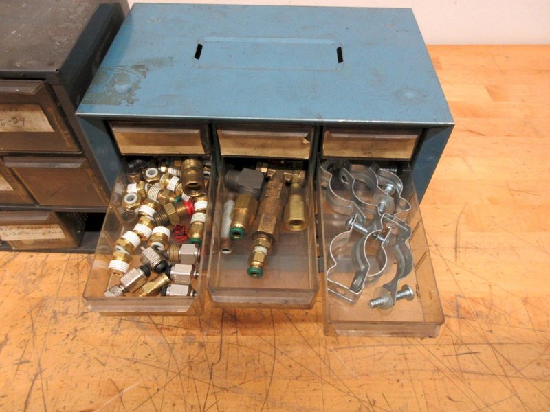 Multibin Organizers with Contents of Brass Fittings, and SAE Nuts- Auction Item