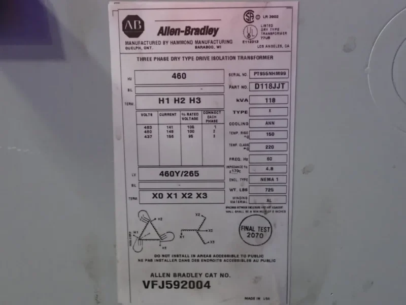ALLEN-BRADLEY 118 KVA TRANSFORMER  -  VFJ592004