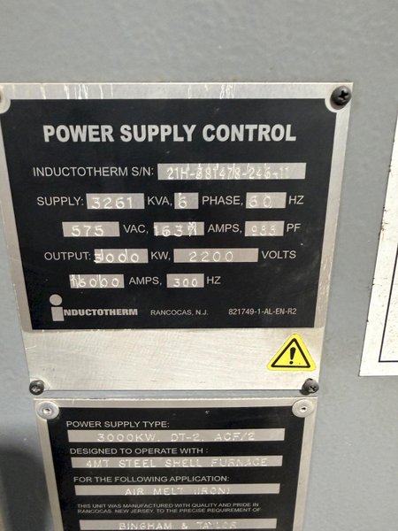 2021 Inductotherm melt system with 2- traveling charge feeders with scales, Inductotherm type 3000 DT-2 ACF-2 3000 kw power supply rated at 300 h. s/n 21H-381478-246-11 interconnecting buss and cables, 2- 4metric steel shell furnaces with stands, hydraulic system , water system with twin 50hp pumps, 2021 Emsco model Hypro 25 stainless steel heat exchanger , related piping, controls, remote operators stand, related controls, lining pushout, Sonmez incoming power transformer type HTYAA3KH-326623 s/n 15729 rated at 3260-4025 KVA, 12,470 volt primary volts, 2x575 secondary volts, spare incoming transformer same as above s/n 15364