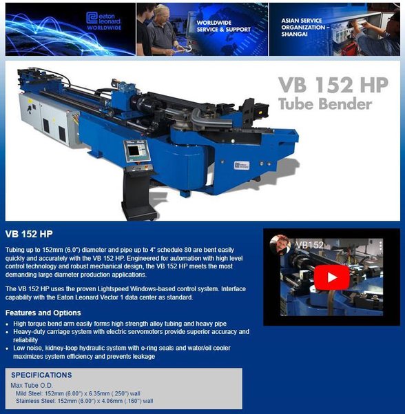 6&quot; EATON LEONARD (NEW IN 2012) MODEL #VB152HP 3-AXIS CNC HYDRAULIC TUBE BENDER: STOCK #18103