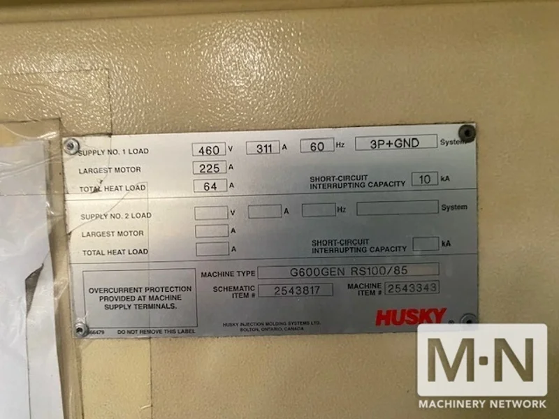 672 TON 80 OZ HUSKY MODEL G600GENRS100/85 INJECTION MOLDING MACHINE MFG 2000