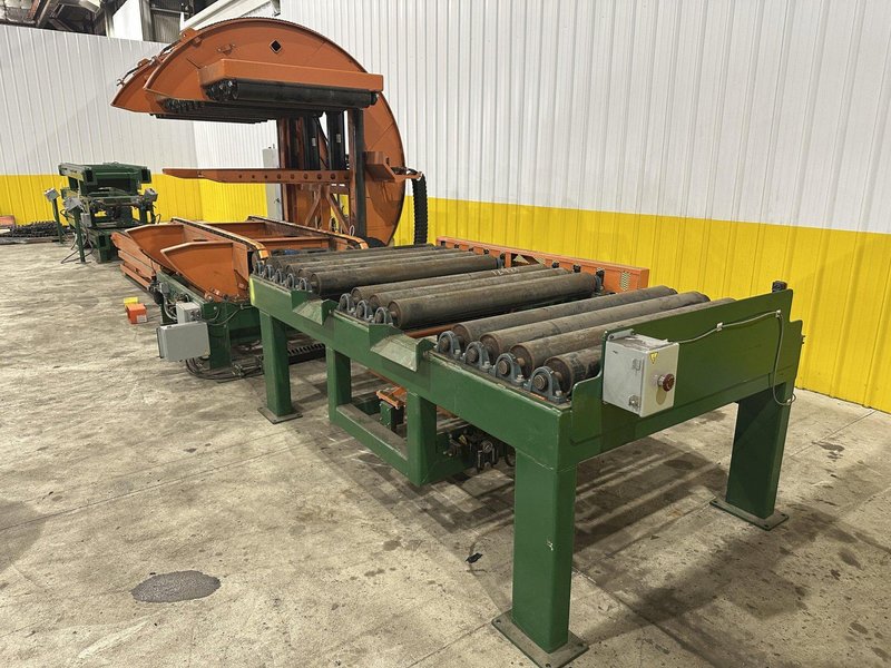 SWEED LOAD CLAMP &amp; TURNER / PACMAN FLIPPER SYSTEM WITH POWERED INFEED &amp; OUTFEED CONVEYORS: STOCK #22075