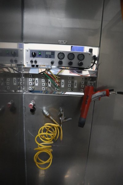 Iontech Powder Coating System with Stainless Steel Booth, Mounted on Track with Wheels- Auction Item