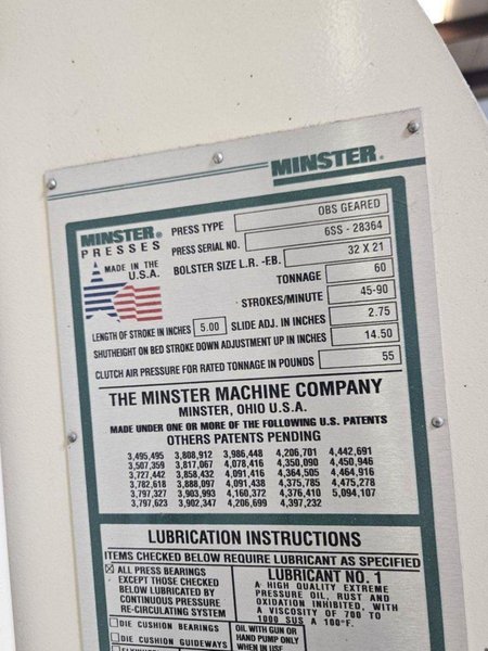 60 ton Minster #6SS OBS Mechanical Press For Sale, Year 1998
