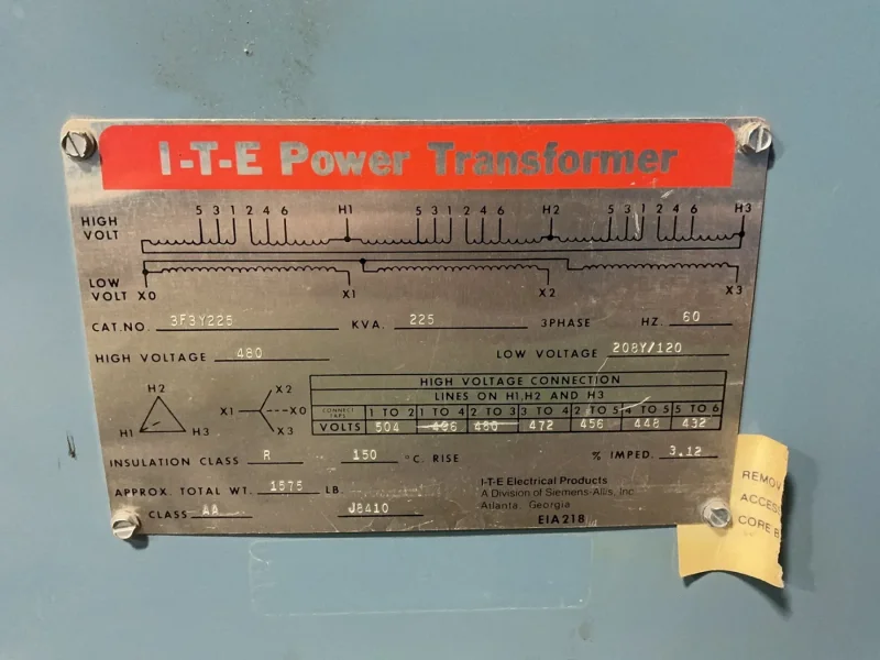 I-T-E POWER 225 KVA TRANSFORMER  -  3F3Y225