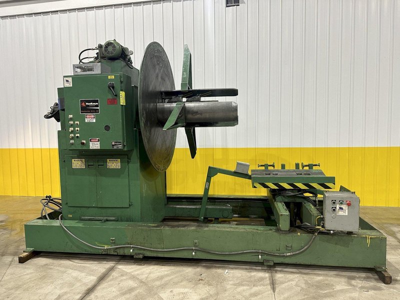 20,000 lb x 36&quot; FEED LEASE MOTORIZED COIL REEL UNCOILER WITH COIL CAR &amp; HOLD DOWN ARM (14310)