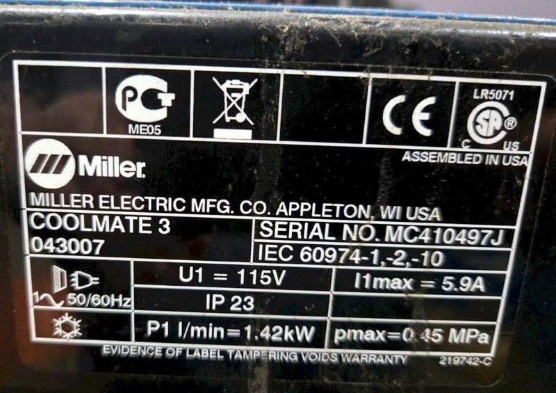 MILLER COOLMATE 3 WATER COOLANT SYSTEM 3GALLON 500AMP USED