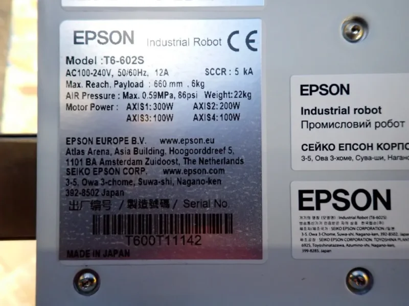 EPSON 96 PSI PICK AND PLACE INDUSTRIAL ROBOT  -  T6-602S