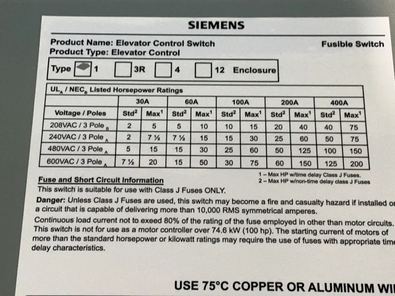 SIEMENS ELEVATOR DISCONNECT POWER MODULE SWITCH  -  ECS1T1R1RF3NB