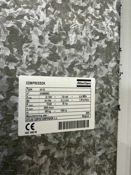 2005 20 HP ATLAS COPCO MODEL #SF15 ROTARY SCREW AIR COMPRESSOR : YOBRO #25157