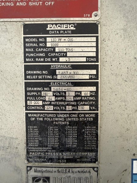 110 TON PACIFIC 110 PF-OBS HYDRAULIC PRESS. STOCK # 0223826.
