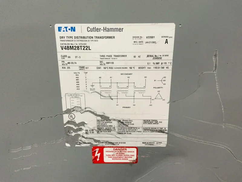 EATON 225 KVA TRANSFORMER  -  V48M28T22L