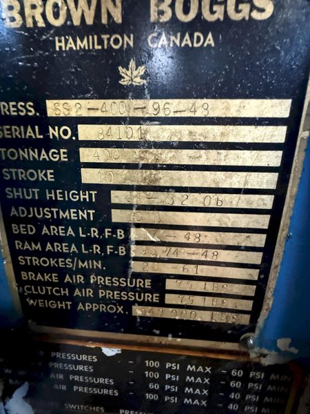 400-ton Brown Boggs Straight Side Mechanical Press For Sale Model SS2-400-96-48, Year 1985
