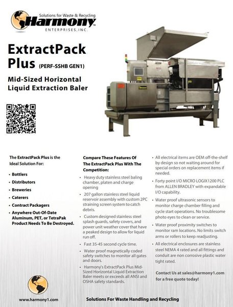 30" X 30" HARMONY ENTERPRISES EXTRACT PLUS HORIZONTAL BALER &amp; PERFERATOR, FOR CAN &amp; BOTTLES LIQUID EXTRACTION: YOBRO #25023