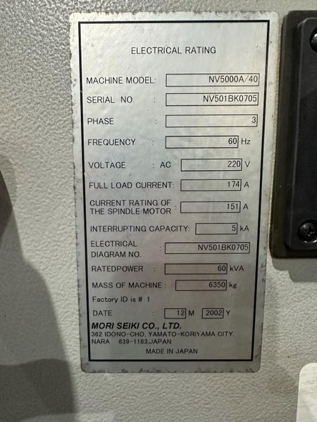 Mori-Seiki Model NV5000A/40 CNC Vertical Machining Center
