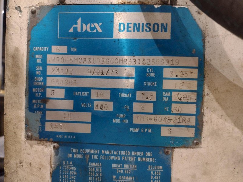 6 TON DENISON MODEL#MULTIPRESS HYDRAULIC C FRAME PRESS 12" STROKE: STOCK #22297