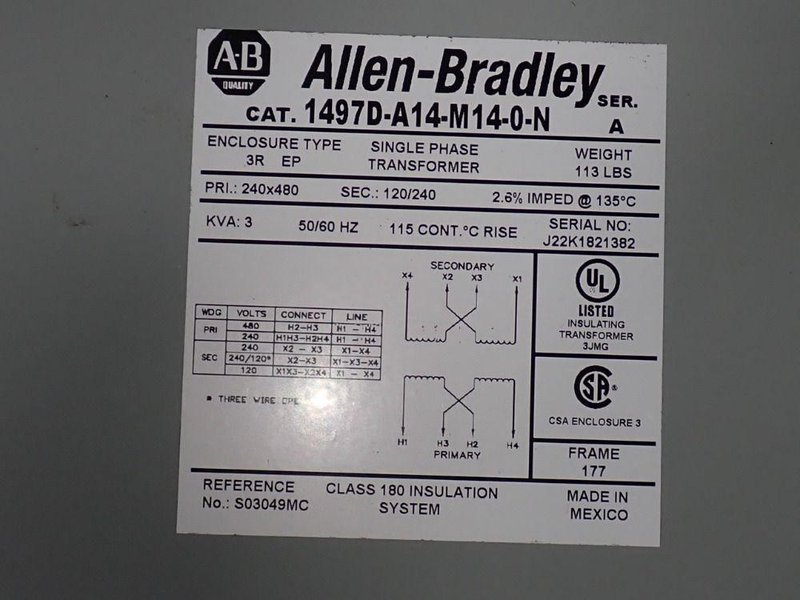 ALLEN BRADLEY 3 KVA TRANSFORMER  -  1497D-A14-M14-0-N