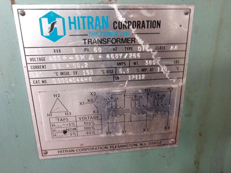40 KVA HITRAN 460 DELTA TO 460Y/266  ELECTRIC TRANSFORMER: STOCK #11924