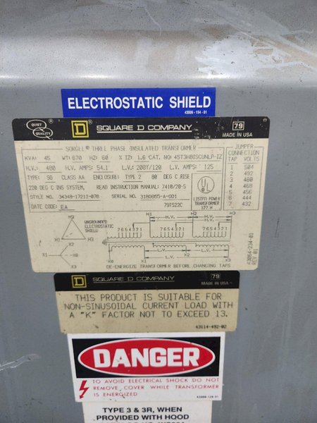 Square D Transformer 45T3HBISCUNLP-IZ 45 KVA USED