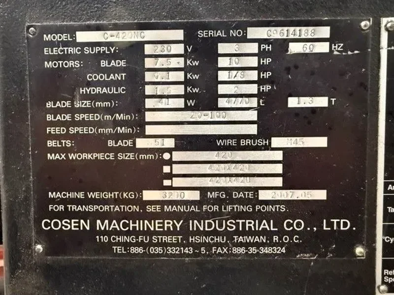 COSEN C-420NC Automatic Horizontal Band Saw 2007’ #7571