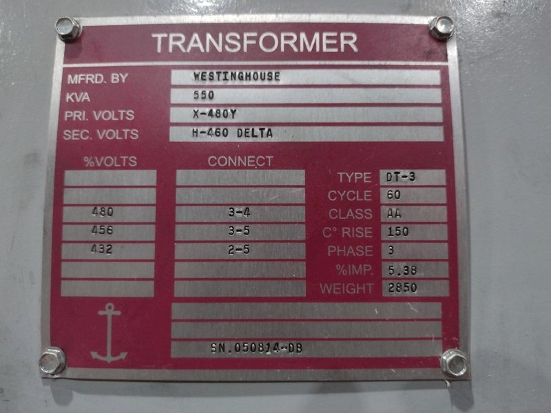 550 KVA WESTINGHOUSE 460Y / 460 DELTA THREE PHASE DT-3 ISOLATION TRANSFORMER: STOCK #14547