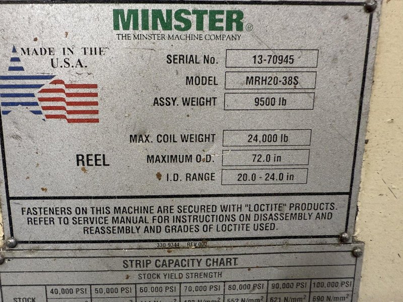 24,000 lbs. x 32&quot; Width Minster Coil Reel and Minster Powered Straightener,  Model#MRH20-38S &amp; MSH30-32-7, Year 2007