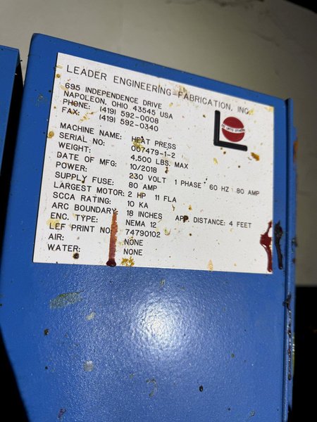 3,000 PSI LEADER ENGINEERING FABRICATION HEAT PRESS. STOCK #0431926