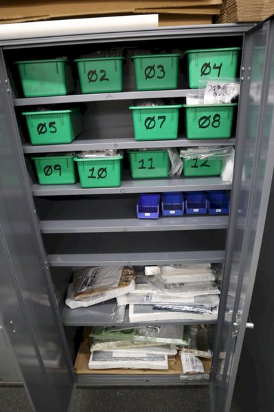 Metal 2 Door Heavy Duty Storage Cabinets (2 Units) with Adjustable Shelves and Contents of Plastic Bins and Parts- Auction Item