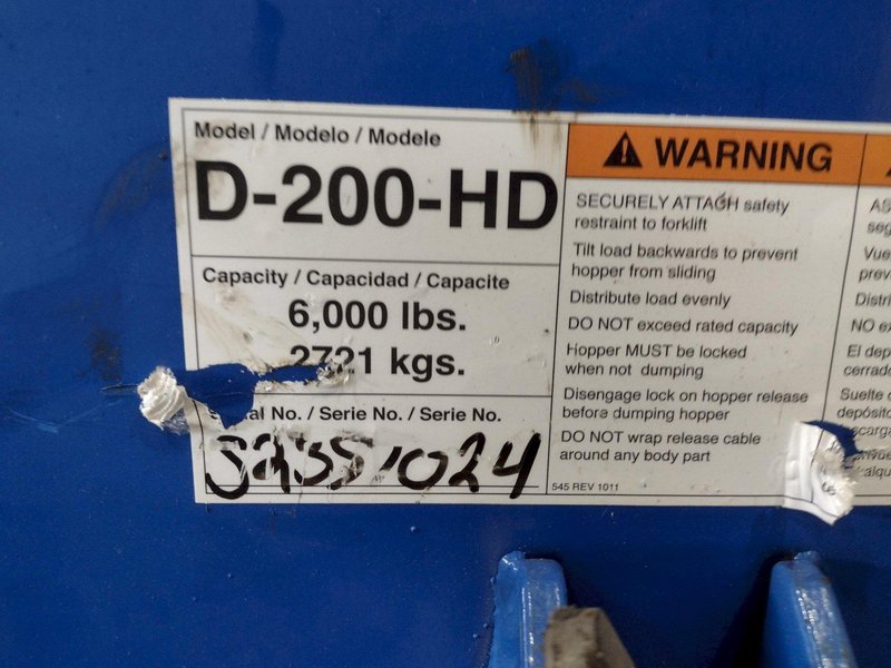 1 YARD X 6,000 LBS VESTIL MODEL #D-HOP-100-HD SELF DUMPING HOPPER: STOCK #22493