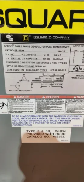 SQUARE D 15 KVA TRANSFORMER HV480 LV 208y/120 NEW