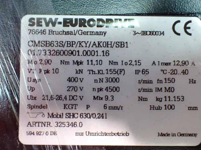 SEW-EURODRIVE 4500RPM SERVO MOTOR  -  CMSB63S/BP/KY/AK0H/SB1