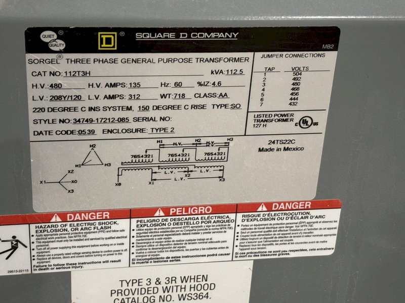 112.50 KVA SQUARE D SORGEL 480-&gt;208Y/120 3-PHASE ELECTRICAL TRANSFORMER: STOCK #23730