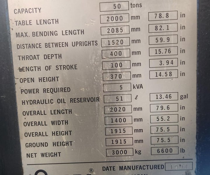 50 Ton x 6.5′ Amada RG-50 Press Brake, 1994