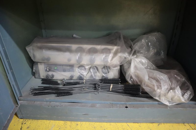 2 Door Metal Cabinet with Contents, Hand Tools, Powder Coating Gun and Cabinet Parts,  Air Fittings- Auction Item