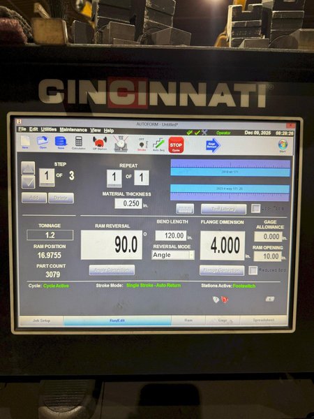 230 TON X 14' CINCINNATI 230AFX12 AUTOFORM HYDRAULIC PRESS BRAKE WITH CONVERSATIONAL CONTROL. STOCK # 0112226