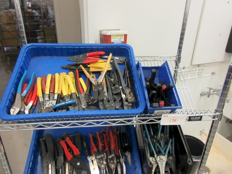 Hand Tools, Large Assortment including Tin Snips, Snap Ring Pliers, Wire Strippers, Banding Cutters and MORE on 4-Shelf Uline 36" x 18" x 78" Metal Wire Rolling Cart- Auction Item