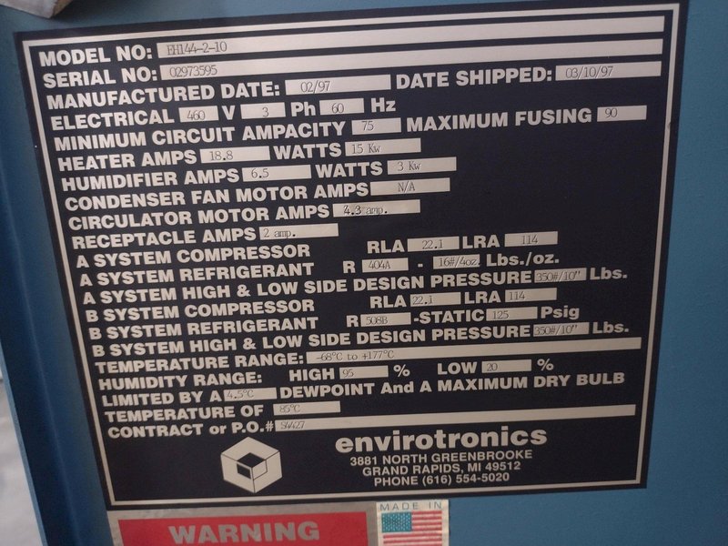 -60 TO 177 DEGREE X 96&quot; X 54&quot; X 48&quot; ENVIROTRONICS TESTING CHAMBER WITH HUMIDITY CONTROL: STOCK #17109