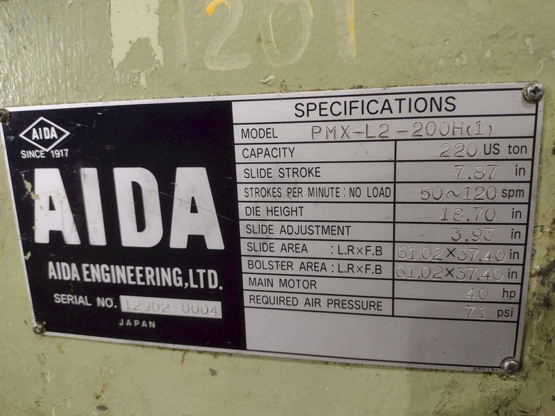 220 TON AIDA MODEL #PMX-LS-200H SSDC STRAIGHT SIDE PRESS, 7.87" STROKE: STOCK #22214