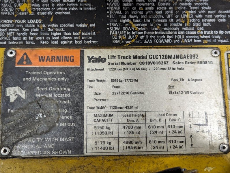 12,000 LBS YALE MODEL #GLC120M LP-GAS FORKLIFT: STOCK #18842