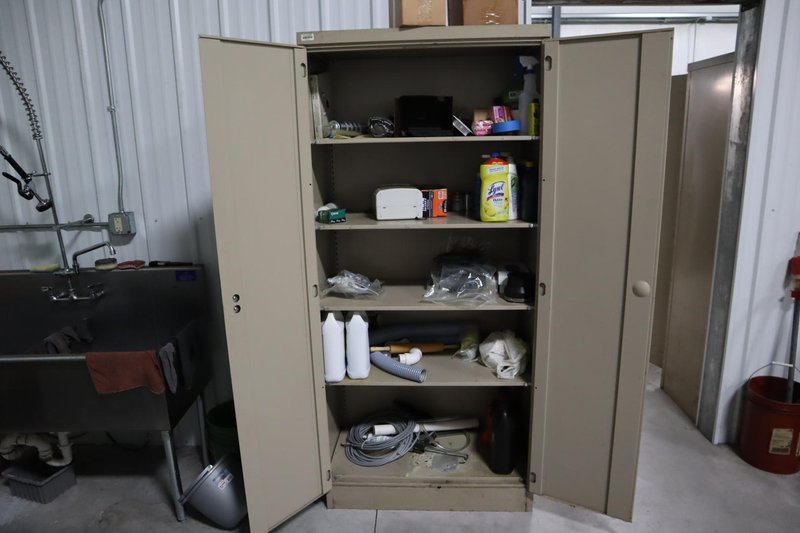 Metal Cabinet with Contents - Cleaning Supplies, Compressor Oil and More- Auction Item
