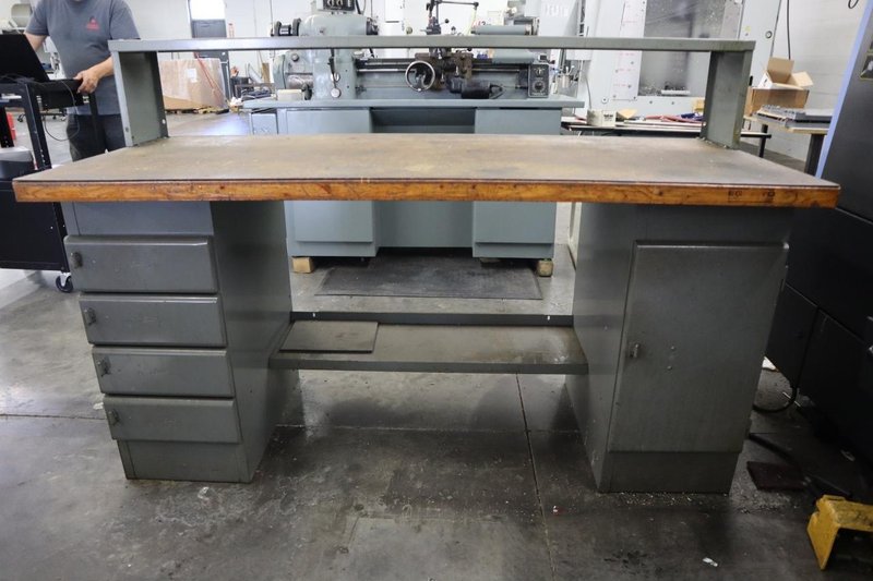 Equipton Work Bench, Wood Top, Upper Shelf, Lower Shelf, Base with 4-Drawers and Cabinet- Auction Item