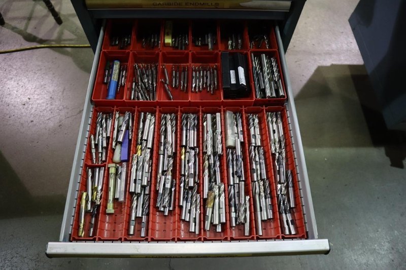 Lista Cabinet Base Work Bench, Maple Top, Portable on Caster, (10) Drawer, Upper Shelf - With Cutting Tool Contents- Auction Item